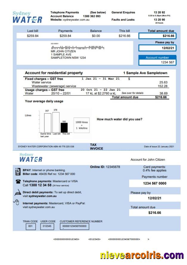 Australia Sydney water utility bill